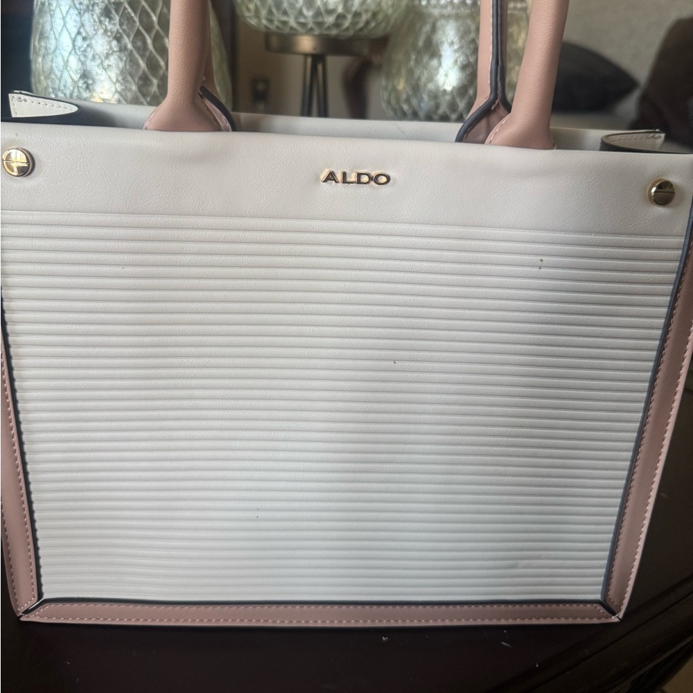 ALDO Cream and Pink Ribbed Tote with Gold Accent